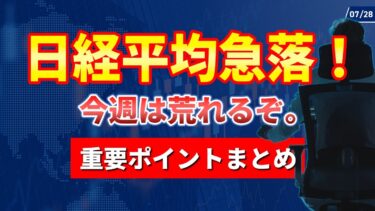 【7/28】日経平均急落！半導体や銀行株下落。決算、関税、日銀会合、FOMCに雇用統計…今週は荒れるぞ。重要ポイントまとめ。