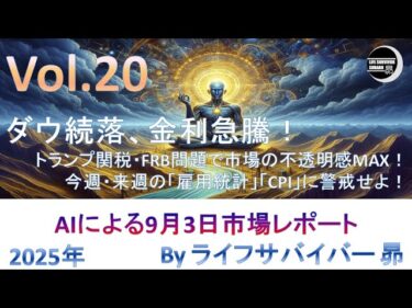 2025年9月3日MarketReport市場レポート[ダウ続落、金利急騰！トランプ関税・FRB問題で市場の不透明感MAX！今週・来週の「雇用統計」「CPI」に警戒せよ！]