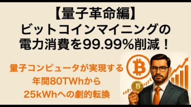 🎓【量子革命編】ビットコインマイニングの電力消費を99.99%削減！量子コンピュータが実現する年間80TWhから25kWhへの劇的転換