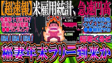 【超速報】米雇用統計、堅調な結果にドル円・金利乱高下…『米国株先物は上昇、稲妻年末ラリー到来か』【新NISA/2ch投資スレ/円高/S&P500/NASDAQ100/FANG+/FRB利下げ/失業率】