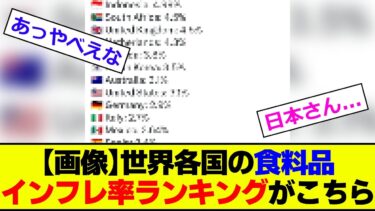 【画像】世界各国の食料品インフレ率ランキングがこちらｗｗｗｗ