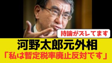 河野太郎元外相が地球温暖化問題をあげガソリン税暫定税率廃止反対の立場を表明し国民からは「論点をズラすな」と怒りの声があがる。