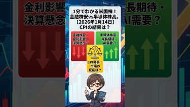 1分でわかる米国株！金融株安vs半導体株高。CPIの結果は？【2026年1月14日】