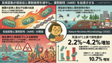 【医療者向け・音声のみ】気候変動がもたらす薬剤耐性（AMR）の拡大、気温上昇や異常気象が感染症増加と抗菌薬需要を助長するメカニズムと対策　Nature