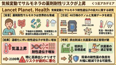 気候変動はサルモネラ属菌の薬剤耐性遺伝子増加と相関し将来リスクを悪化させる　Lancet Planet. Health